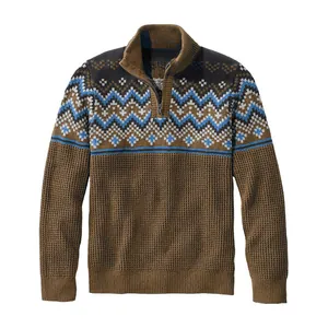 Maglione uomo marrone in maglia con cerniera e fantasia geometrica Fair Isle blu