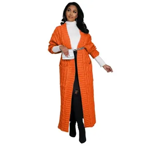 Stijlvol lang oranje gebreid vest met zakken en open voorkant voor dames mode