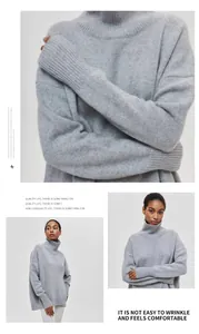 Nahaufnahme des weichen grauen Strickgewebes und des Rippkragens eines bequemen Rollkragenpullovers