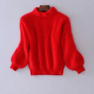 Maglione da Donna con Collo Lupetto e Maniche a Lanterna in Peluche di Poliestere Morbido e Confortevole a Tinta Unita
