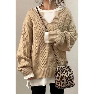 Maglione Donna alla Moda Largo con Trecce Casual Scollo a V Oversize Top Stile Languido Tinta Unita Invernale Calda Maglieria