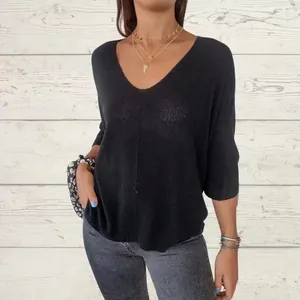 Stylish black V-neck knit sweater with loose 3/4 sleeves, comfortable spring summer top