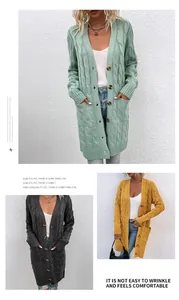 Vue détaillée montrant trois options de couleur pour le long cardigan en maille