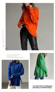 Loose high-neck knit sweaters in orange, blue, and green shown in a collage view.
