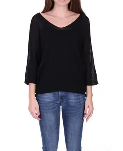 Women's loose fit black V-neck knit sweater featuring 3/4 sleeves for elegant casual spring wear