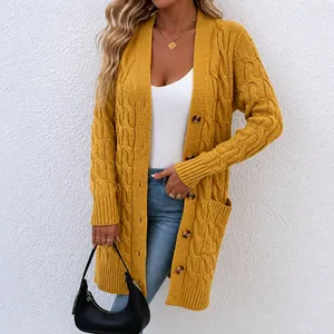 Gilet en Maille Torsadée à Manches Longues pour Femmes Boutonnage Simple Couleur Unie Tricot Veste avec Poches Décontracté