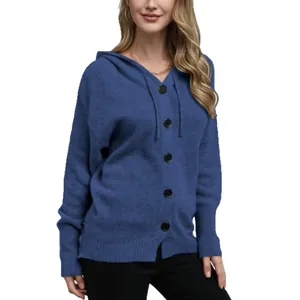 Cardigan bleu élégant pour femmes avec capuche, boutonnage simple et col en V tricoté