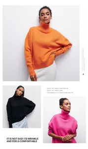 Detailansichten gemütlicher Rollkragenpullover in Orange, Schwarz und leuchtendem Rosa