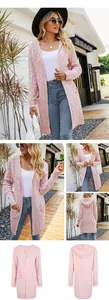 Women's pink cable-knit hooded cardigan shown in multiple views and flat-lay shots.