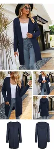 Detailed views of a women's navy blue mid-length hooded cable knit open front cardigan