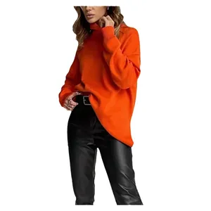 Stylish women's oversized orange turtleneck knit sweater for autumn and winter fashion