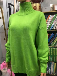 Pull en maille surdimensionné vert lime à col montant pour femme, style automne-hiver confortable