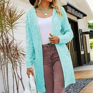Cozy light blue women's long cable-knit hooded cardigan sweater with pockets