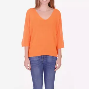 Bright orange loose V-neck knit sweater with 3/4 sleeves for casual women fashion