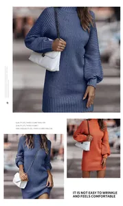 French style slim long knit sweater dress shown in blue and orange for autumn winter