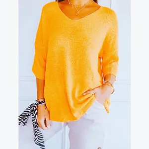 Women V Neck 3/4 Sleeve Knitted Sweater Casual Solid Color Pullover Top Slim Fit Soft Polyester Knitwear Elegant Basic Daily Shirt