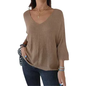 Women's loose V-neck khaki knit sweater with 3/4 sleeves for casual spring/summer style.