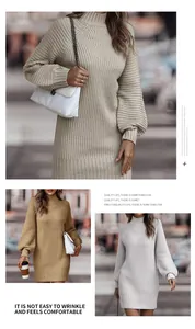 Detail view of French retro slim-fit long ribbed knit sweater dress in multiple colors