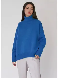 Άνετο oversized μπλε ζιβάγκο πλεκτό πουλόβερ για γυναίκες σε χαλαρό χειμερινό στυλ