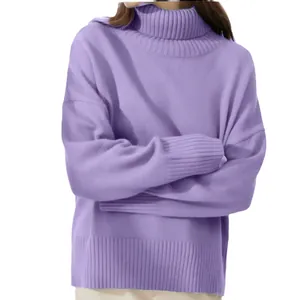 Soft purple turtleneck knit sweater featuring premium ribbed cuffs and hem details