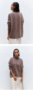 Detailed front and back views of a soft brown turtleneck knit sweater with ribbed cuffs