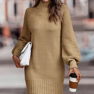French retro slim-fit long knit sweater dress with mock neck and lantern sleeves