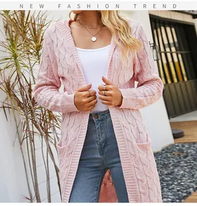Stylish pink cable-knit hooded cardigan with front pockets shown on a female model