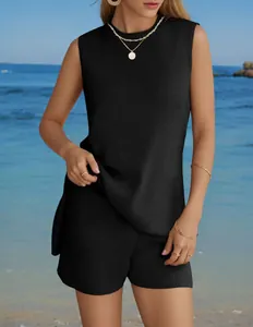 Stylish black knit sleeveless top and shorts set for beach vacation and casual summer wear