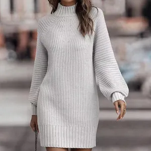 Elegant French retro slim grey turtleneck knit sweater dress with stylish lantern sleeves