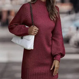 Elegant burgundy French-style slim fit knitted long sleeve sweater dress for autumn winter