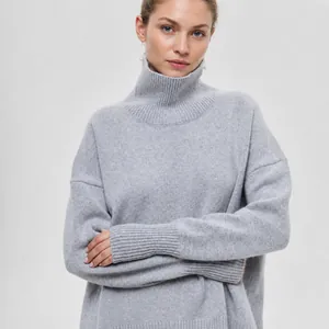 Pull Femme Col Montant Ample Tricoté Oversized Manches Longues Streetwear Casual Automne Hiver Chaud Couleur Unie