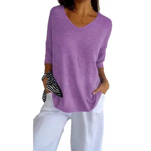 Women's casual V-neck solid purple knit sweater loose fit lightweight top