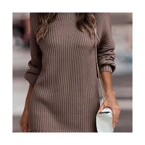 Elegant French retro slim-fit long knit dress for women in brown ribbed sweater style