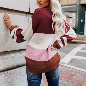 Oversized color-block striped patchwork knit sweater for women autumn back view detail