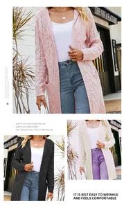 Women's long hooded cable knit cardigan sweater in pink, grey and cream colors.