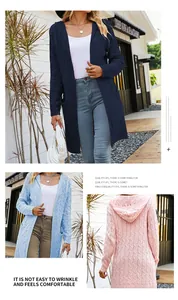 Women's long hooded cable knit cardigan in navy, blue and pink, comfortable and stylish.