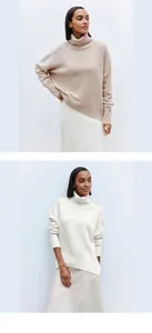 Soft turtleneck knit sweater in beige and white for women's autumn winter fashion.