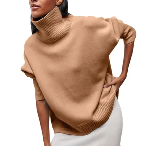Pull à col roulé oversize beige pour femme avec demi-manches décontractées