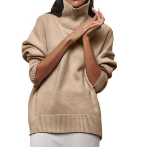 Élégant pull à col roulé beige surdimensionné pour femme, mode hivernale confortable