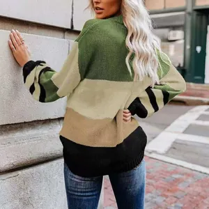 Back view of a casual oversized color-block knitted sweater for women in olive and tan