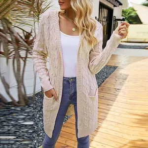 Women's mid-length cable-knit hooded cardigan in a soft pink hue for autumn