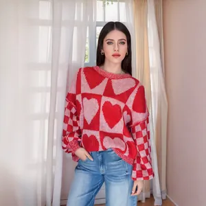 Maglione in Maglia da Donna Stile Casual Motivo a Cuore Manica a Lanterna Girocollo Oversize Pullover Media Lunghezza