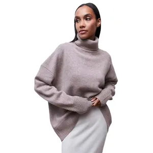 Soft taupe turtleneck knit sweater for women, comfortable oversized pullover jumper