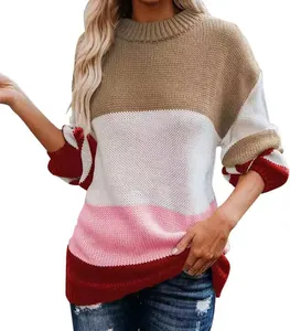 Detailed view of women's color block striped knit sweater featuring a stylish round neck design