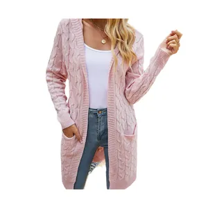 Pink mid-length hooded cable-knit cardigan for women, stylish autumn winter sweater