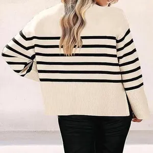 Back view of a chic cream and black striped oversized knit sweater for women style.