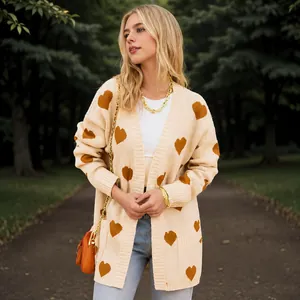 Women Heart Pattern Knitted Cardigan Loose Oversized Long Sleeve Open Front Sweater Coat With Pockets Casual Soft Outerwear