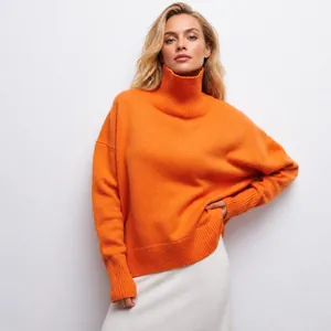 Damen Herbst Winter Rollkragen Langarm Strickpullover Einfarbig Lockerer Pullover Lässig Leichter Acryl Pullover Top