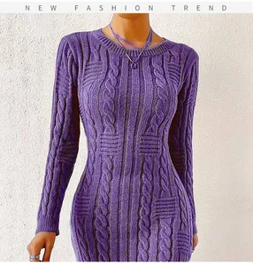 Macro view of purple cable knit sweater dress highlighting detailed textured patterns
