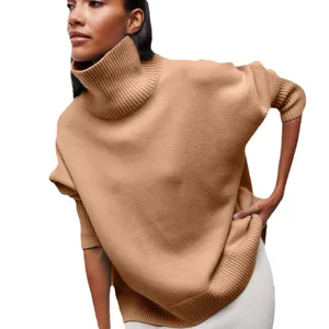 Modischer Oversize-Rollkragenpullover für Damen aus Strick in Kamelbraun für Herbst